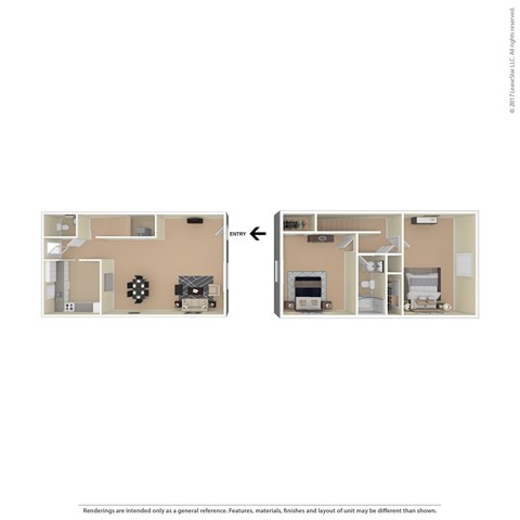 Floor plan for 2 beds, 1.5 baths, 1050 sqft